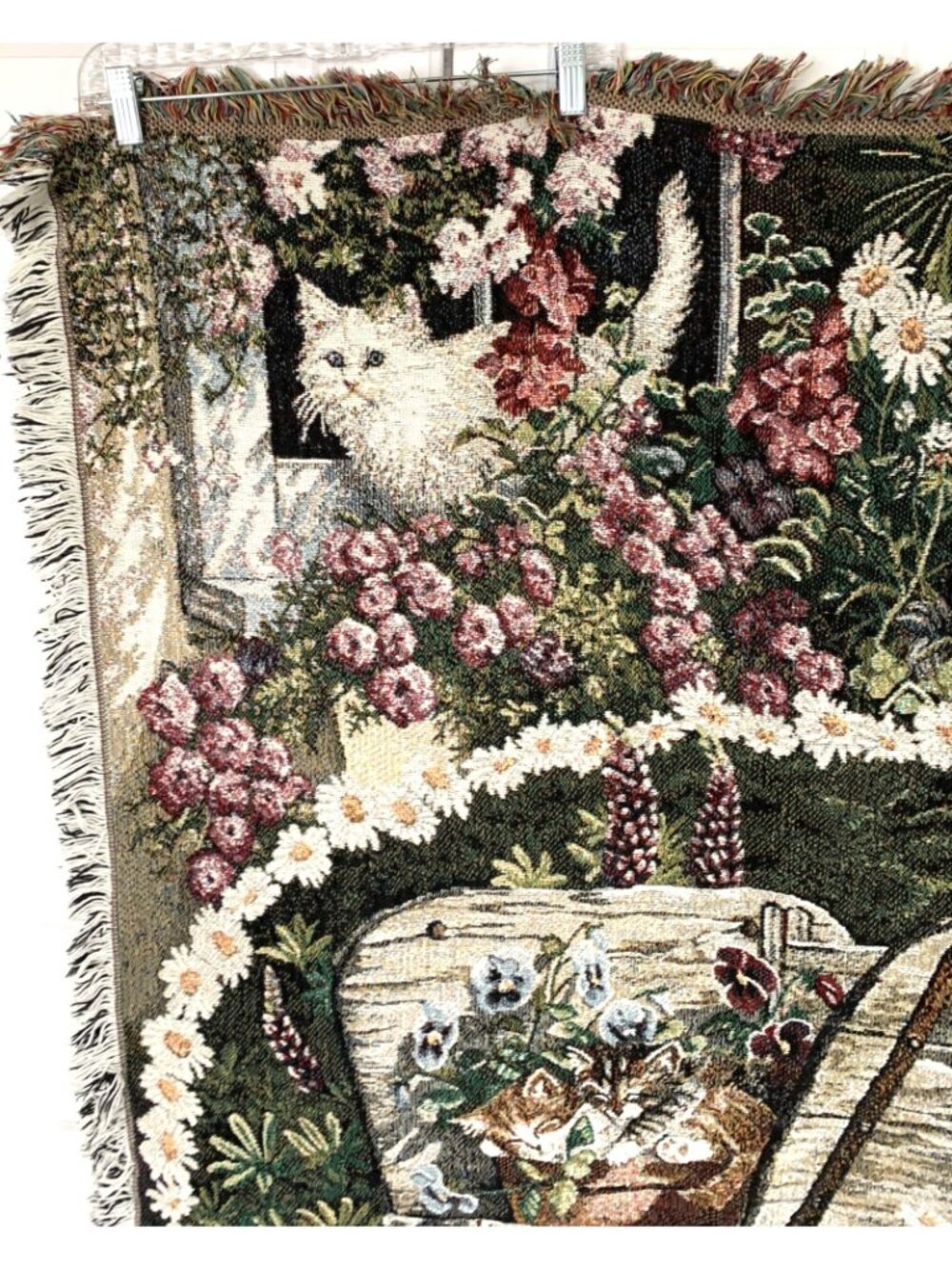 Persis Clayton Weirs Cats Kitten Flower Tapestry Throw Blanket 42" X 64" Fringe - Picture 2 of 7